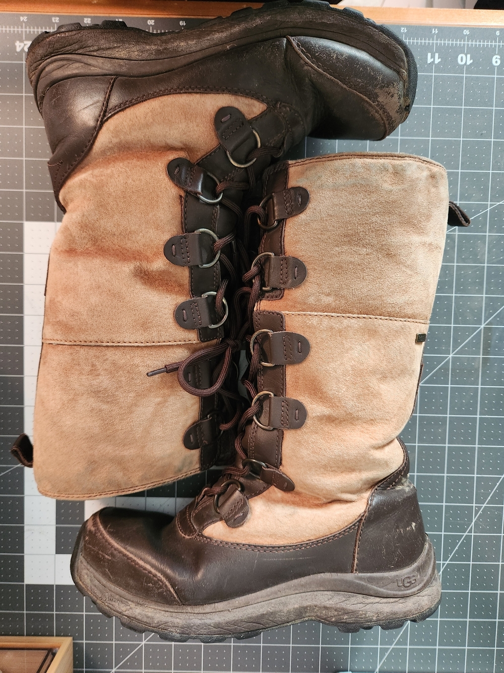 UGG Tall Lace-Up Leather & Suede Winter Boot in Brown/Tan